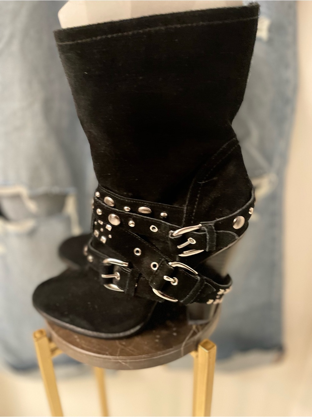 BCBG Generation Black Suede Pony Boots, 3 Straps Studded Buckled Boots, CUTE!